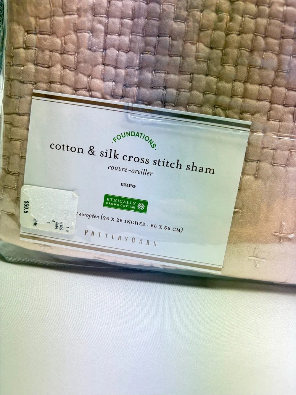 NWT Pottery Barn Foundations Euro Sham 26x26 Cotton Silk Cross Stitch